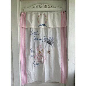 Antique 1920s Seer Sucker Cotton Curtain Embroidery Miss Muffet Spider Valance